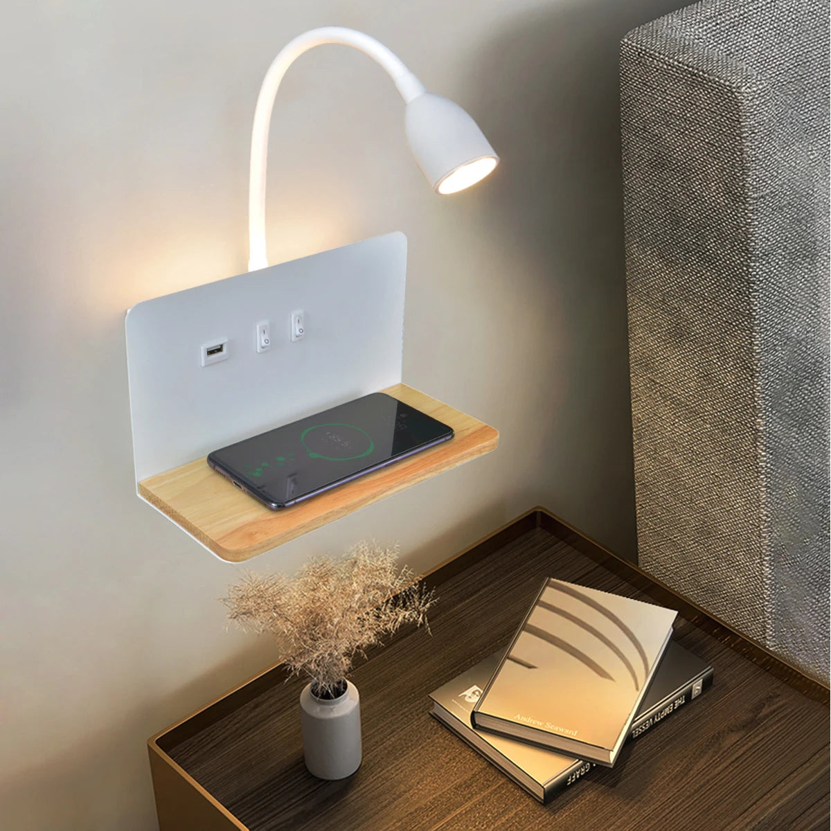 lampe murale moderne chargeur sans fil étagère intégrée LED noir blanc
