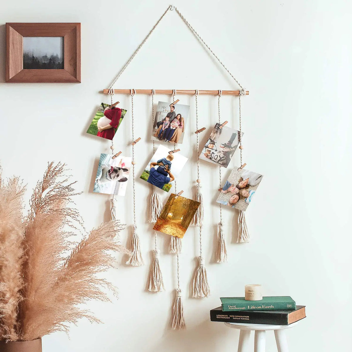 cadre photo murale bois corde tressée pompons bohème chambre enfant decoration chambre cadeau amis
