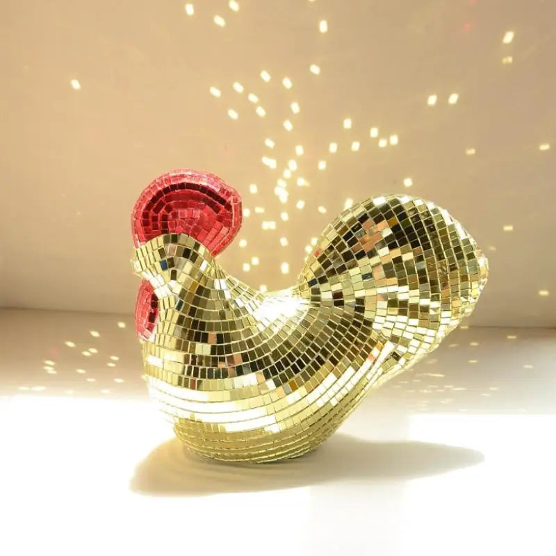 statue coq miroirs argentée rouge décoration festive anniversaire intérieur scintillante mosaïque dimension 17cm 13.5cm