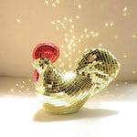 statue coq miroirs argentée rouge décoration festive anniversaire intérieur scintillante mosaïque dimension 17cm 13.5cm
