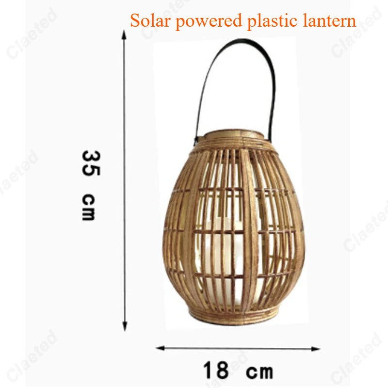 lanterne solaire led beige clair structure bois tressée rustique extérieure ambiance zen bohème