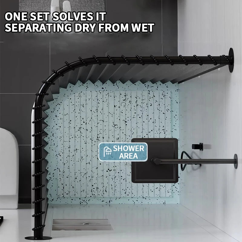 barre douche d'angle rideau moderne noir pliable carreaux texturés salle bain minimaliste