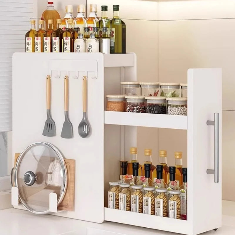 rangements cuisine blanc moderne acier inoxydable multi niveaux coulissant porte bouteilles condiments étui cuillères
