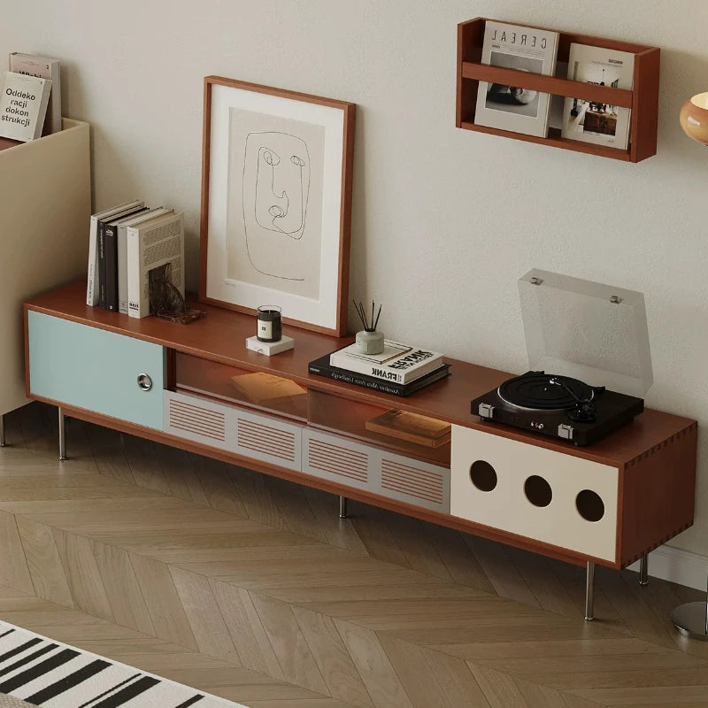 meuble bas tv console mid century bois tiroir étagère murale transparente