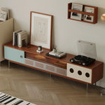 meuble bas tv console mid century bois tiroir étagère murale transparente