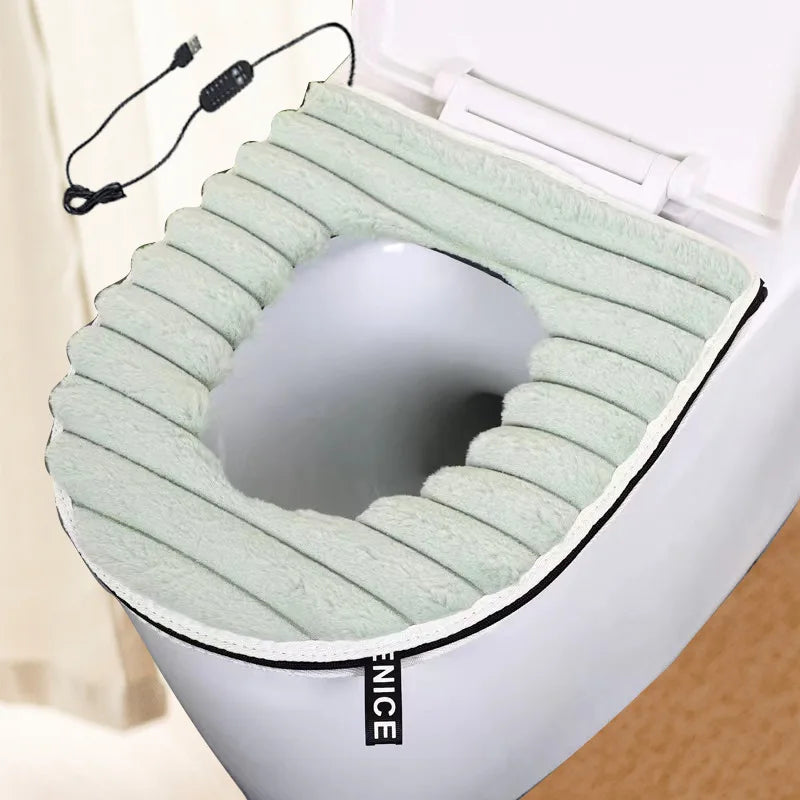 tapis toilette chauffant velours vert clair moderne adhésif câble usb bouton contrôle rechargeable