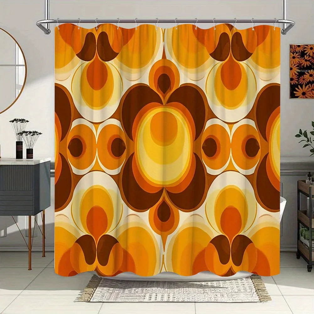 rideau douche vintage orange marron cercles concentriques geometrique polyester moderne