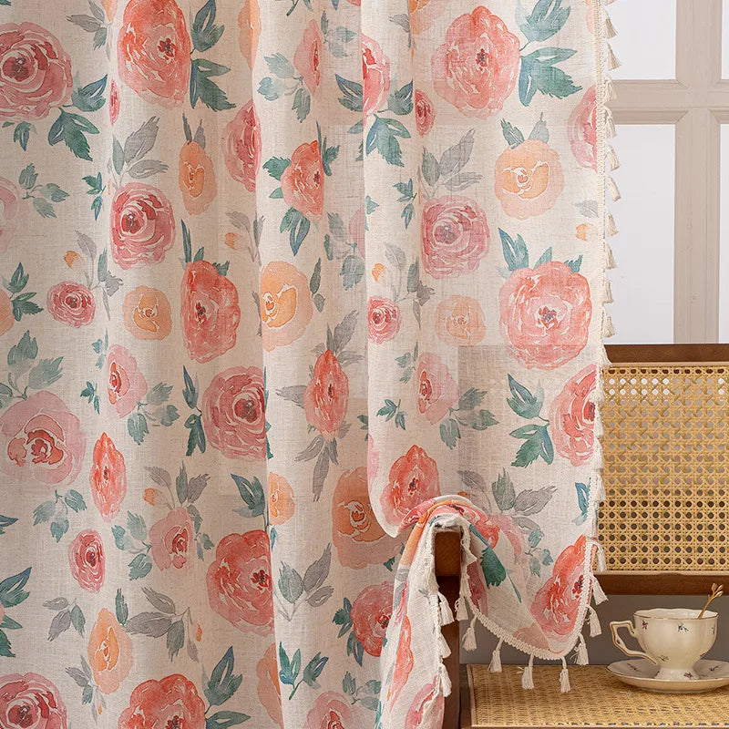 rideau fleuri polyester translucide classique franges beige rose vert bleu maison