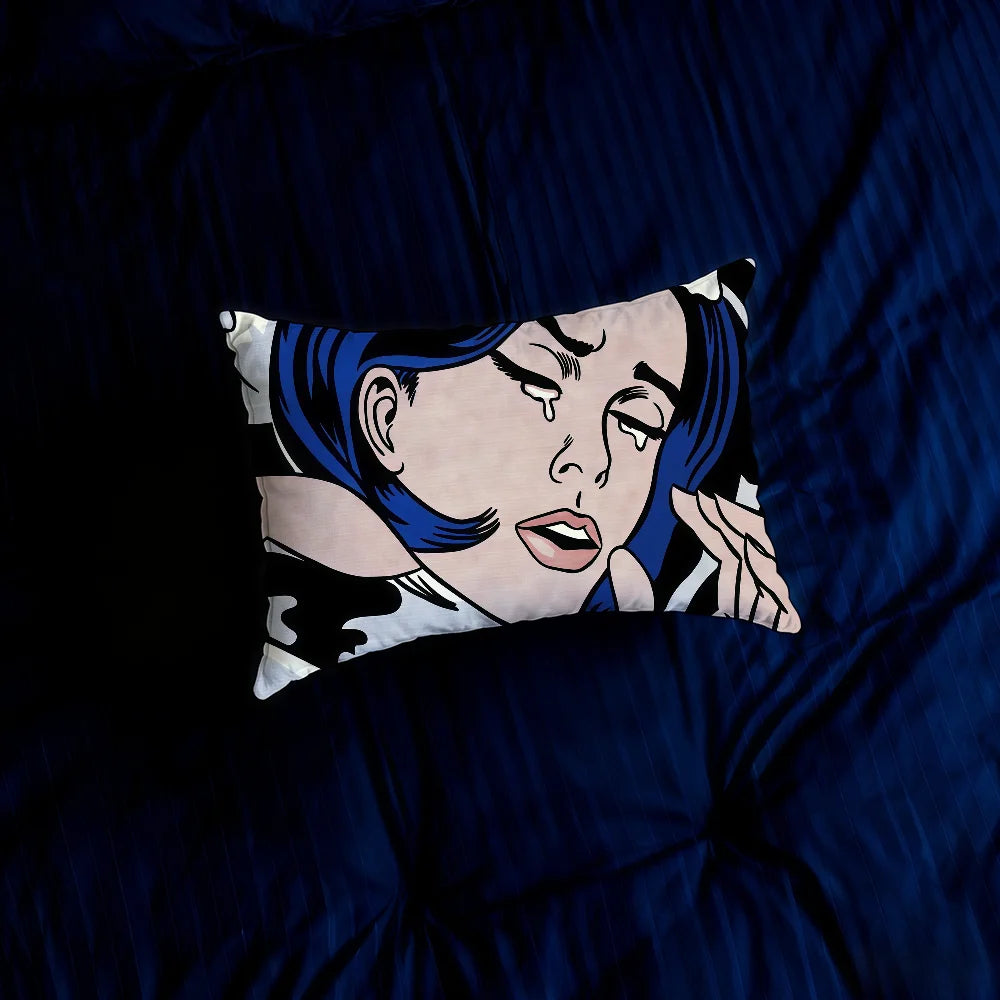housse coussin double face imprimé pop art personnages moderne bleu rouge blanc
