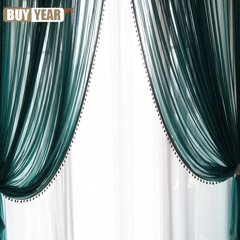rideau vert foncé moderne rayures verticales semi transparent anneaux pompons décoratifs
