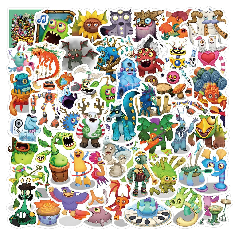 stickers multicolores dessins animés monstres robots animaux pack diy adhésifs mignons musique enfants cartoonaux
