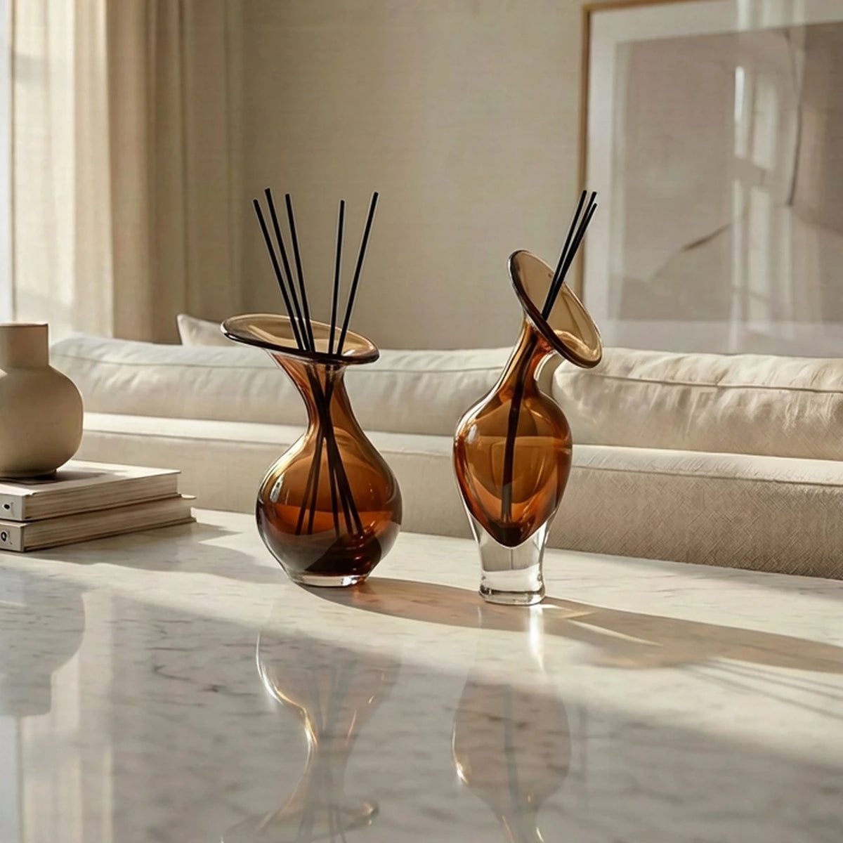 diffuseur huiles essentielles verre moderne marron transparent bâtonnets minimaliste