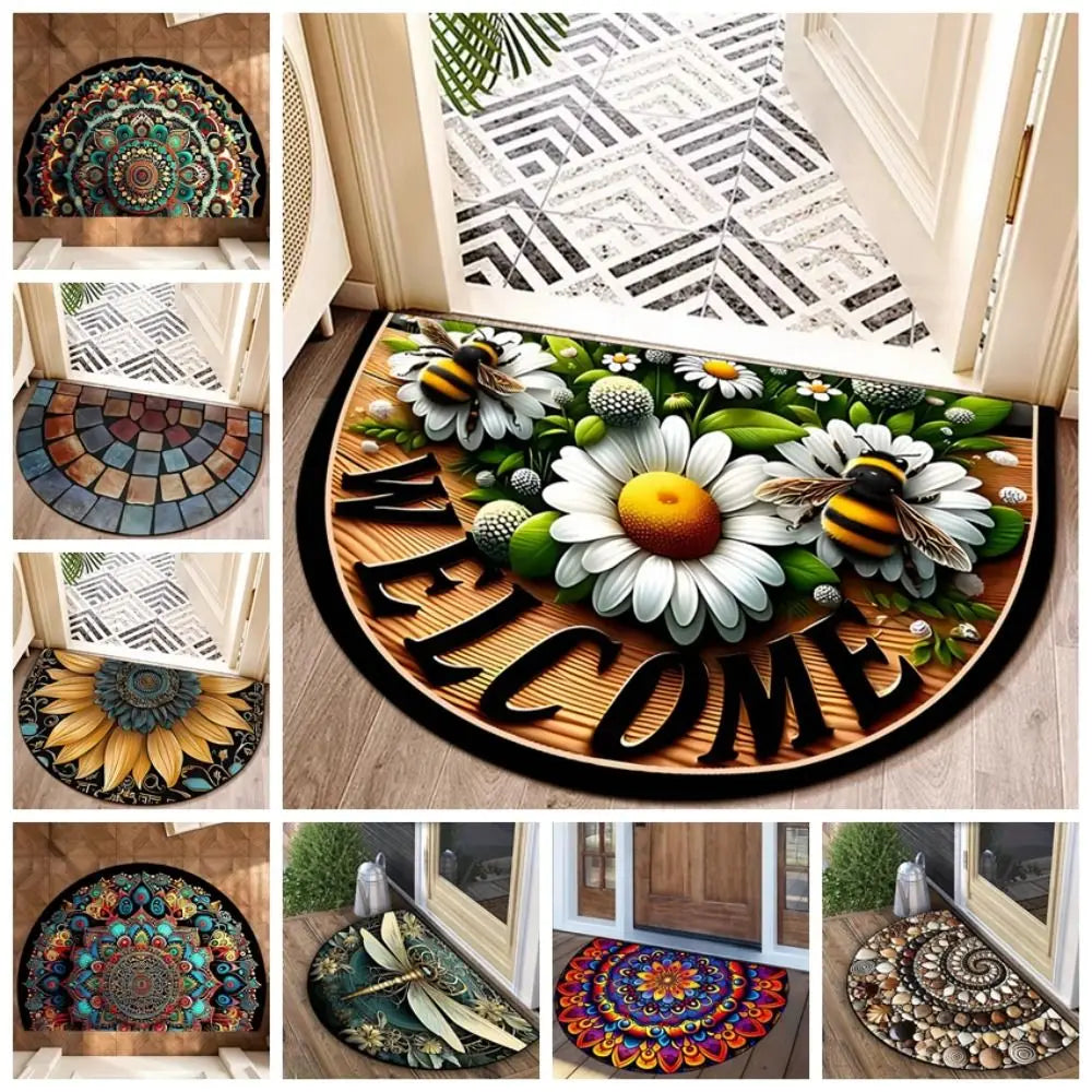tapis d'entrée demi rond fleurs abeilles welcome décoratif moderne intérieur extérieur antidérapant lavable polyester