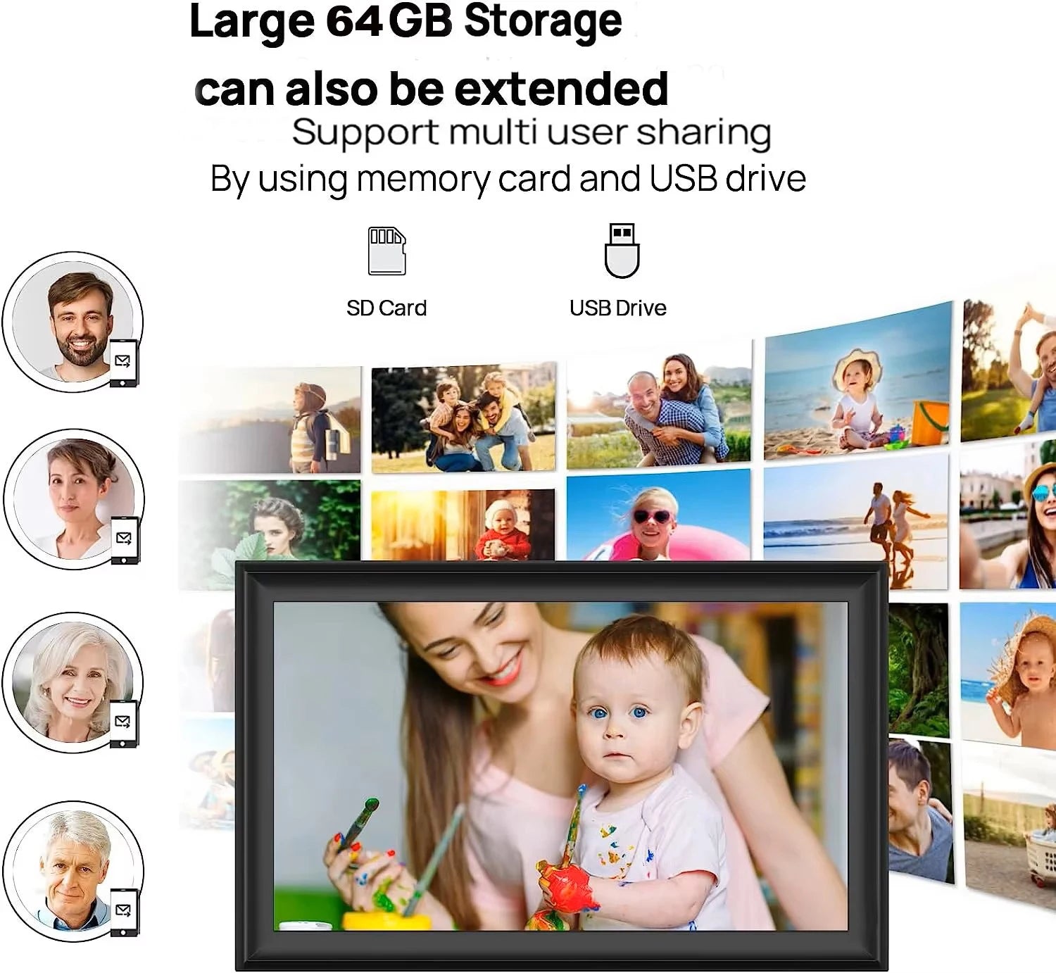 Cadre photo numérique WiFi 15,6 pouces écran tactile IPS noir