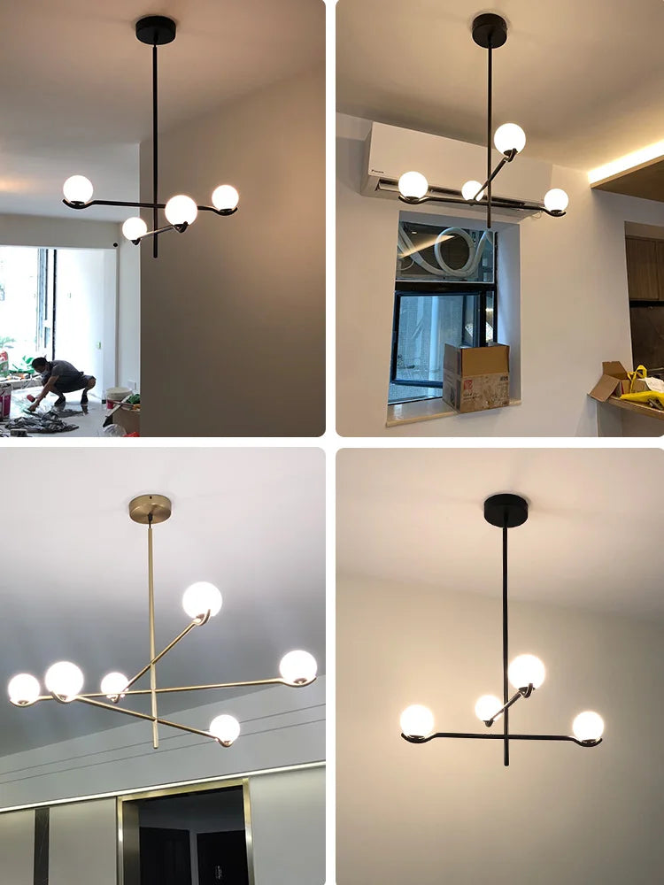 suspension lumineuse moderne sphères blanches structure noire led neutre lumière blanc noir