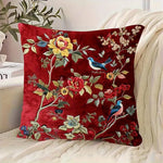 taies d'oreiller décoratives imprimées floral motifs fleurs oiseaux polyester vert clair blanc zip 45x45cm