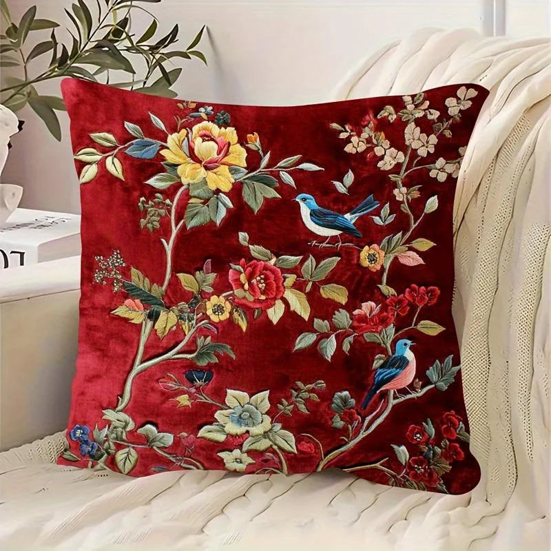 taies d'oreiller décoratives imprimées floral motifs fleurs oiseaux polyester vert clair blanc zip 45x45cm