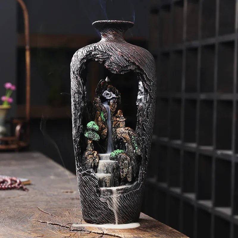 vase décoratif zen effet bois cascade petite maison vert naturelintérieur ambiance relaxation encens aromathérapie
