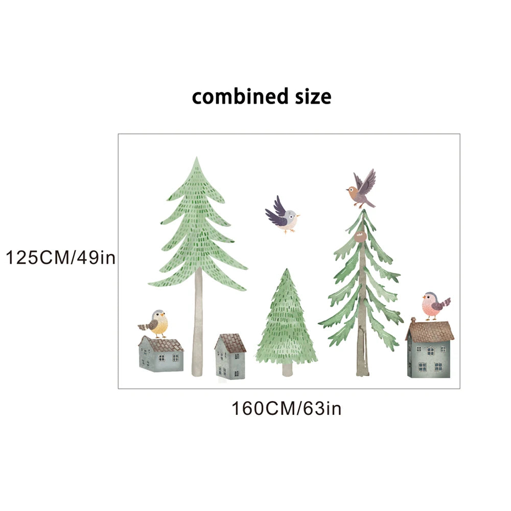 sticker mural arbre forêt oiseau maison voiture enfant illustration scandinave chambre decoration