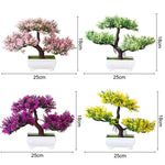 bonsaï artificiel vert rose violet orange feuilles fines tronc épais pot blanc mousse verteextérieur