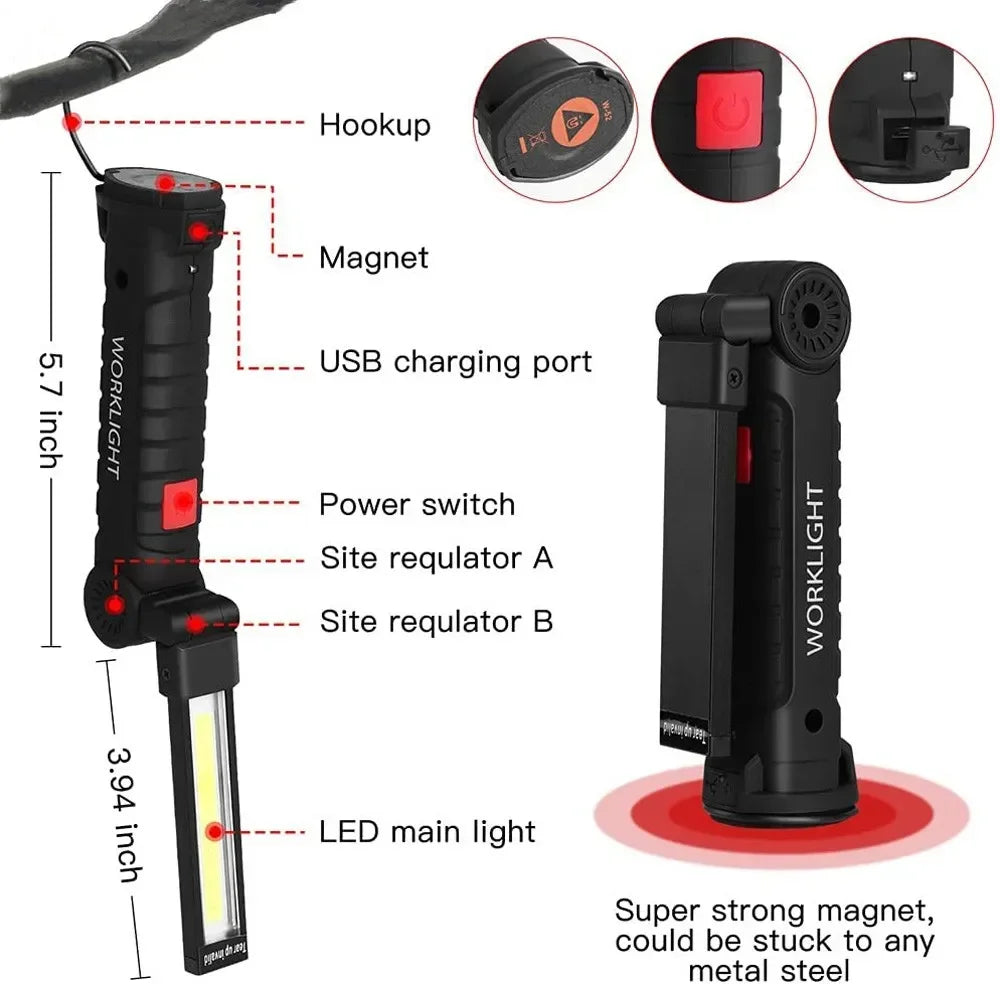 lampe travail rechargeable usb aimant noir lumiere led forte réglages luminosité camping auto défense