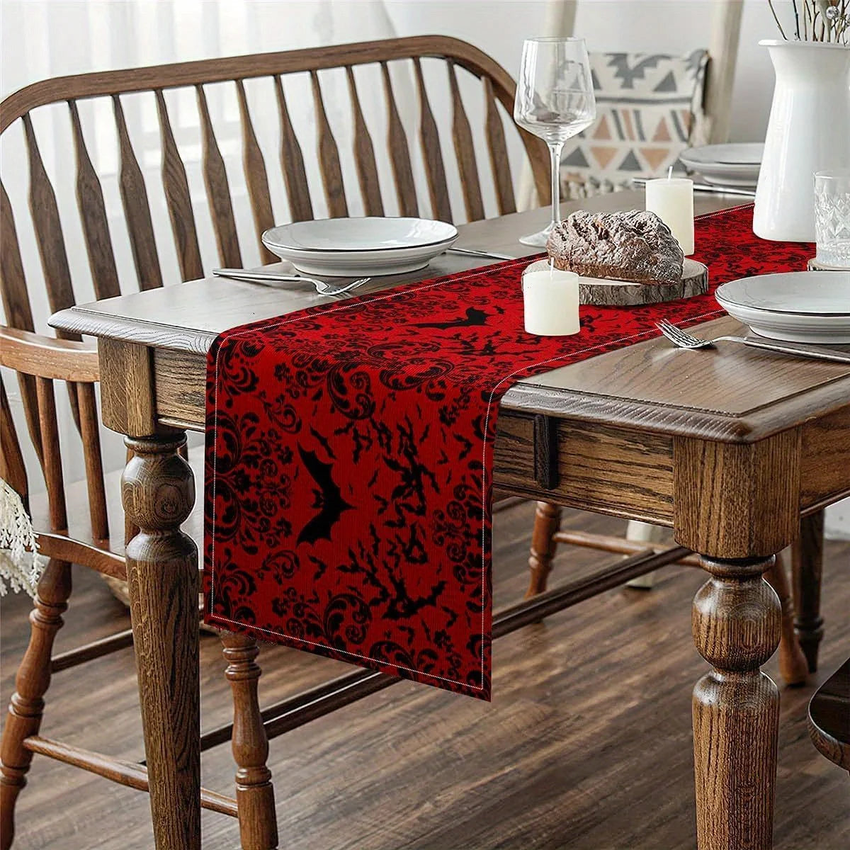 table chevet chemin table baroque floral chauves souris halloween rouge noir