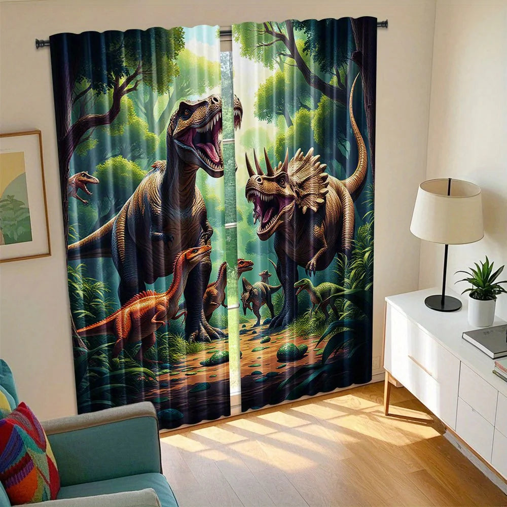 rideau imprimé dinosaures forêt moderne noir vert beige orange jaune pièces