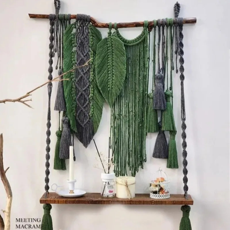 macramé boho chic étagère suspendue franges feuilles noeuds plantes vert gris bleu marron rose