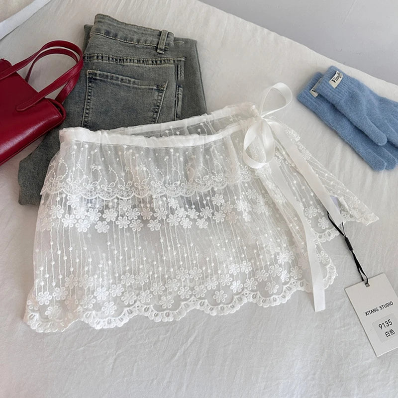 jupe lolita vintage blanche gris rouge élastique dentelle transparente plissée été junior femme