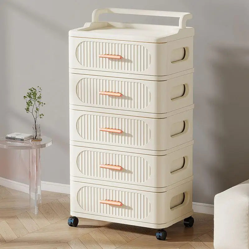 meuble rangement mobile tiroirs roulettes beige clair rayures horizontales moderne