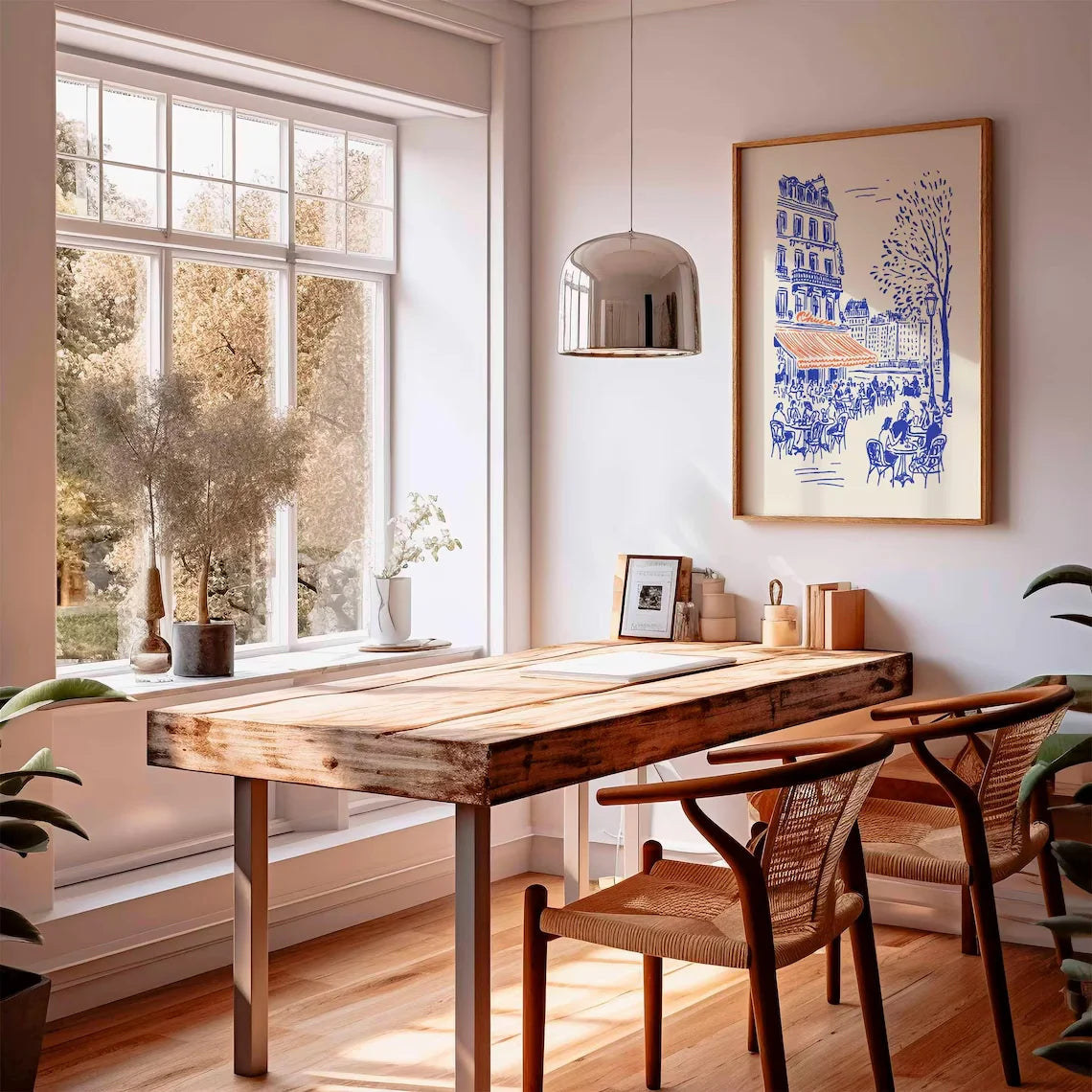 affiche toile cadre bois illustration paris rue animée décoration murale bistrot français bleu