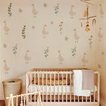 sticker mural oies fleurs enfants decoration aquarelle pastel lit bébé table chevet commode