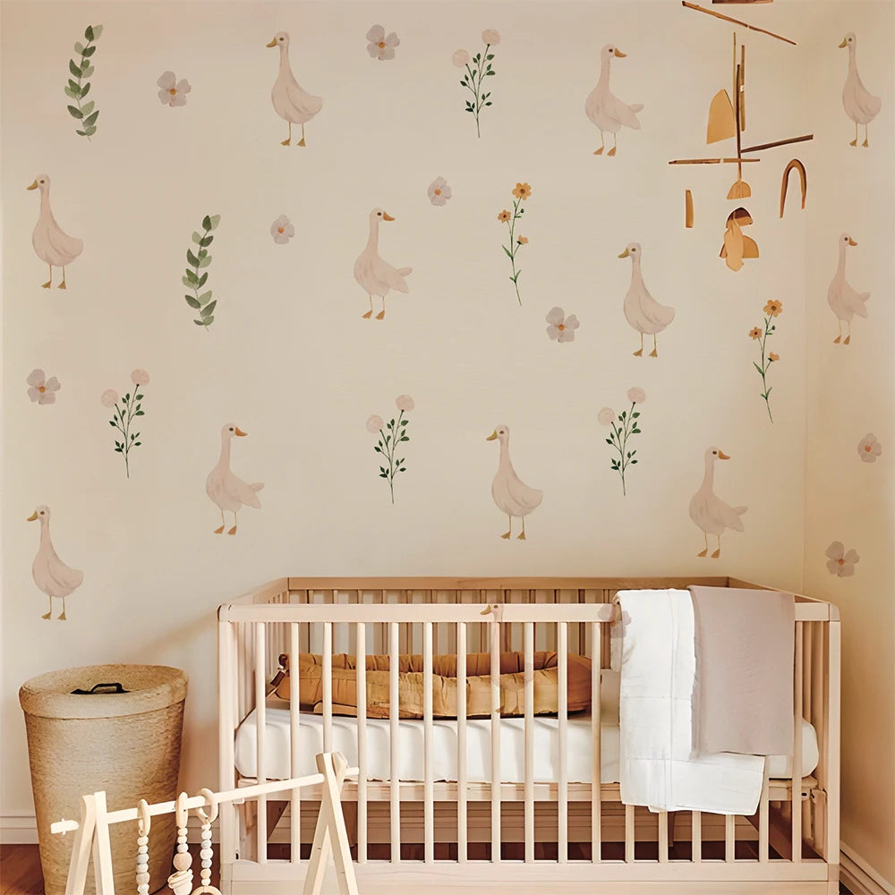 sticker mural oies fleurs enfants decoration aquarelle pastel lit bébé table chevet commode