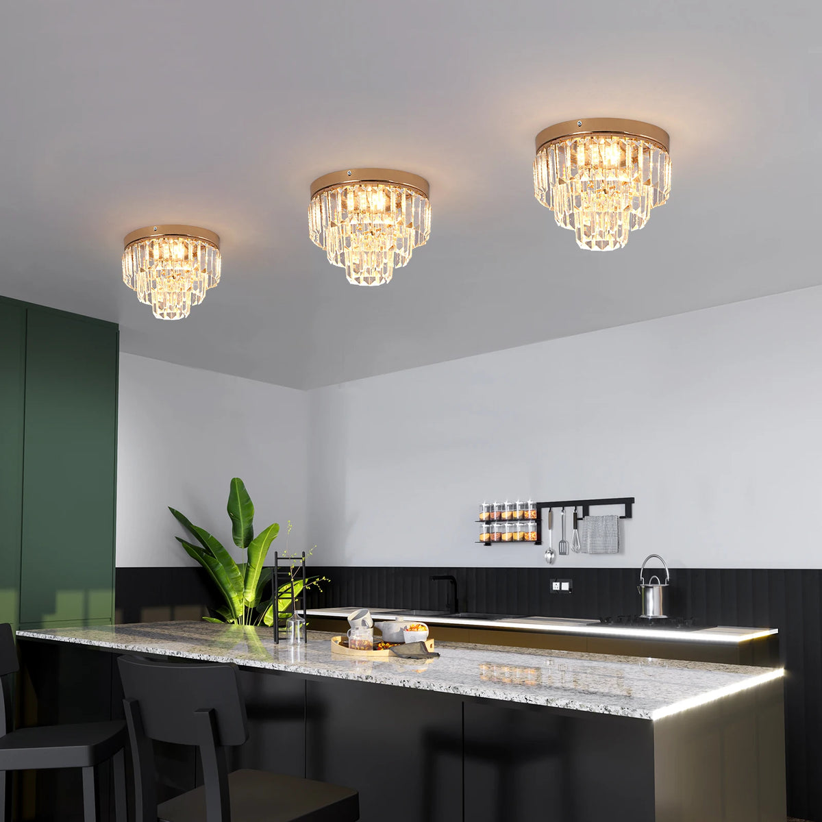 lampe suspendue cristal doré moderne élégante câbles suspendus salon chambre
