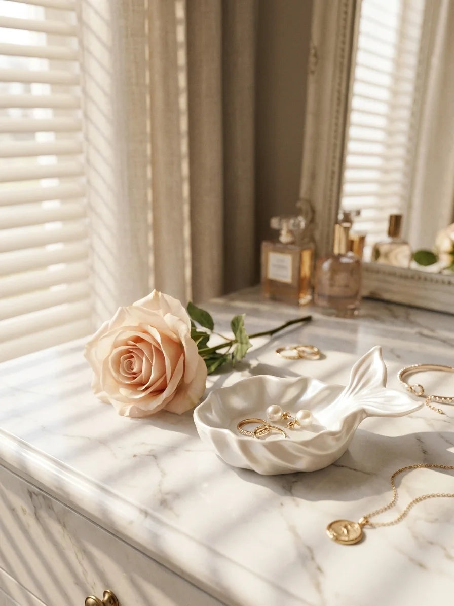 porte bijoux feuille sirène blanc nacré élégant décoration coiffeuse 3d texturée rose parfum miroir