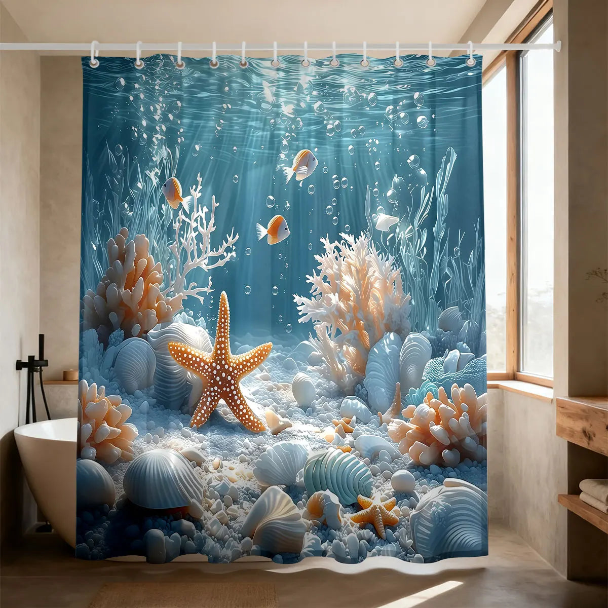 rideau douche thème marin corail étoile mer opaque crochets poissons bleu orange