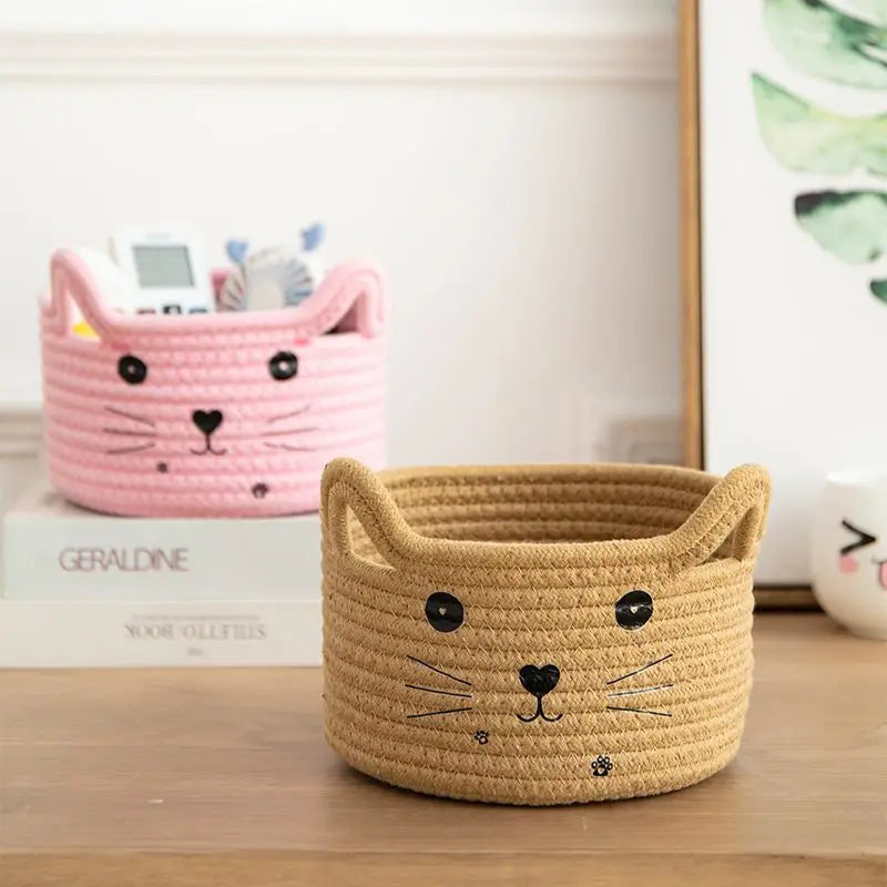 panier rangement créatif réutilisable blanc rose jaune vert bleu visage chat brodé enfantin respectueux