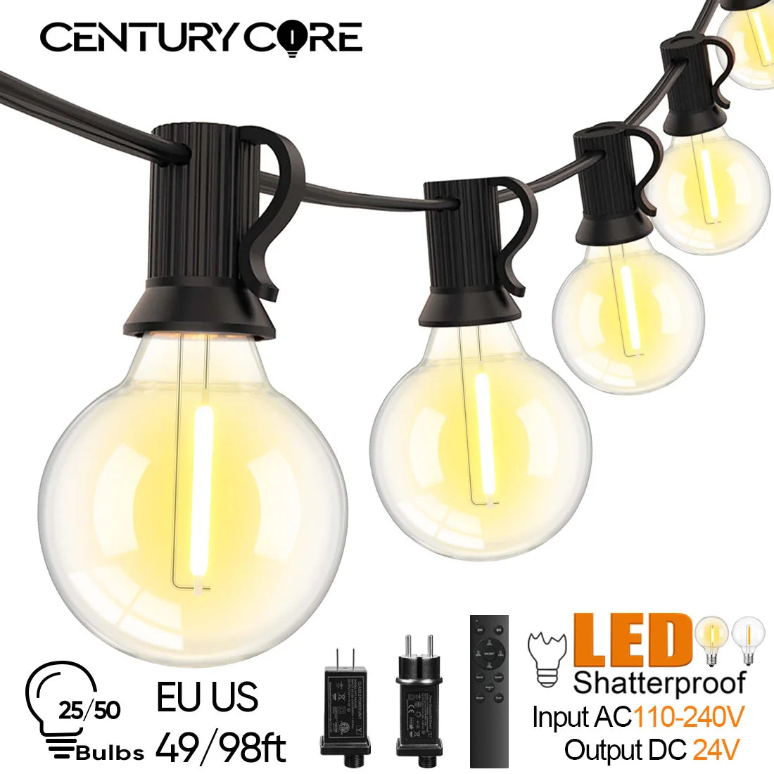 guirlande lumineuse led transparentes moderne vintage 15m 30m adaptateur télécommande clips noirs