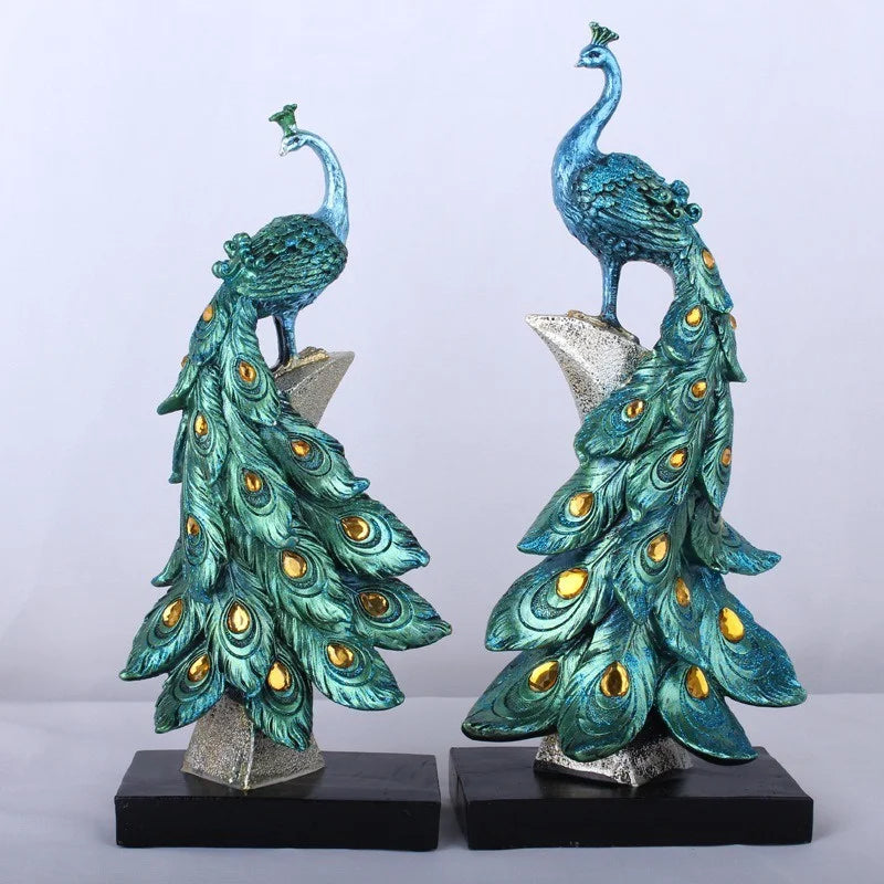 statues oiseaux plumes dorées bleu vert artisanal décoration maison ornement cave vin salon unique