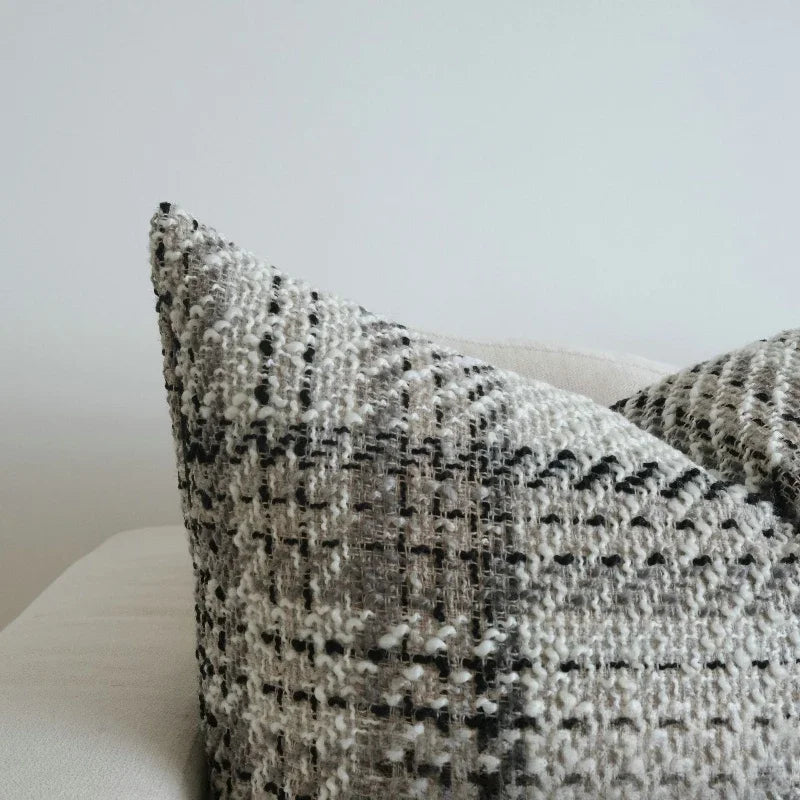 housse coussin gris noir blanc motif géométrique contemporain polyester coton non toxique respectueux environnement