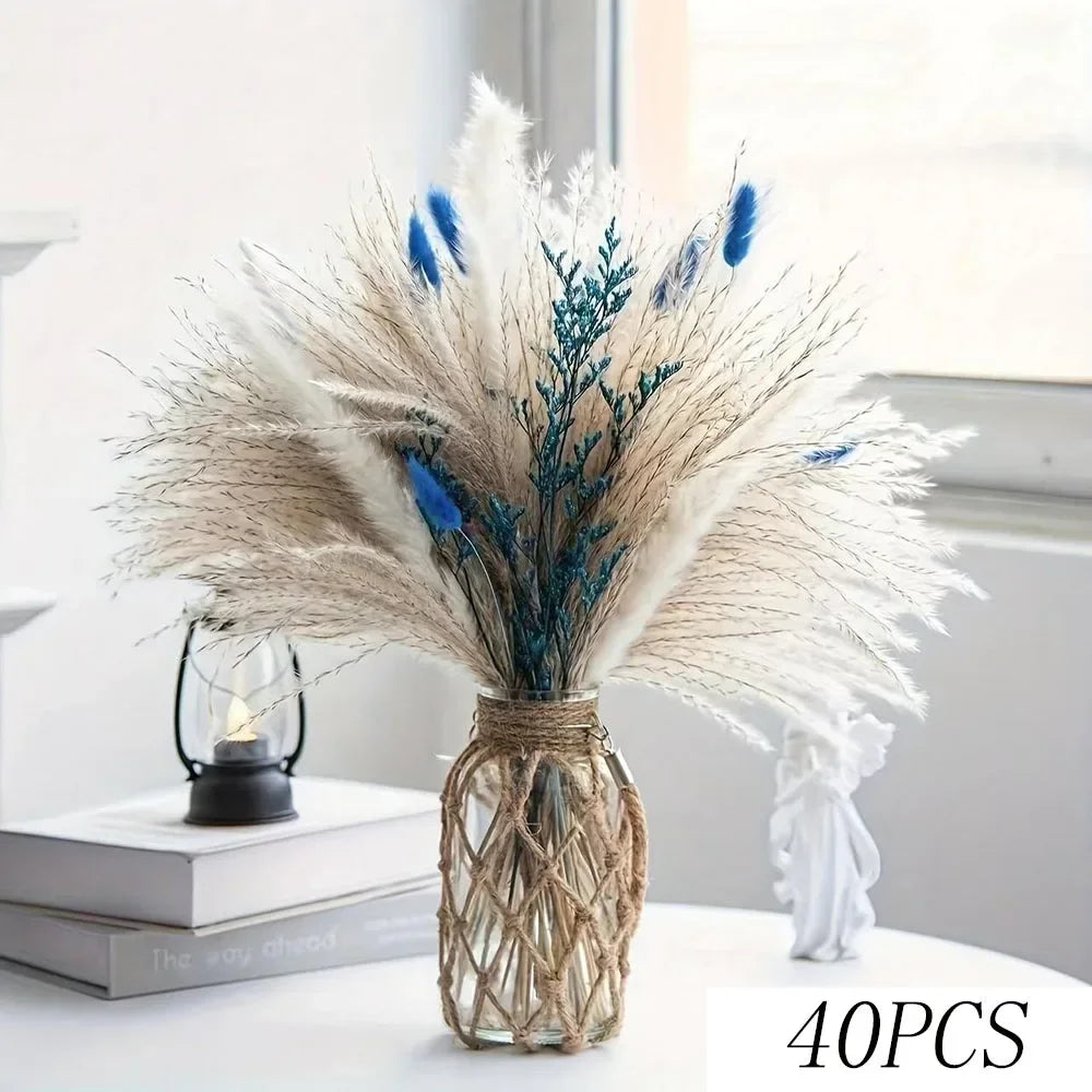 bouquet fleurs séchées naturel plumes feuilles vert bleu turquoise vase blanc décoration maison anniversaire