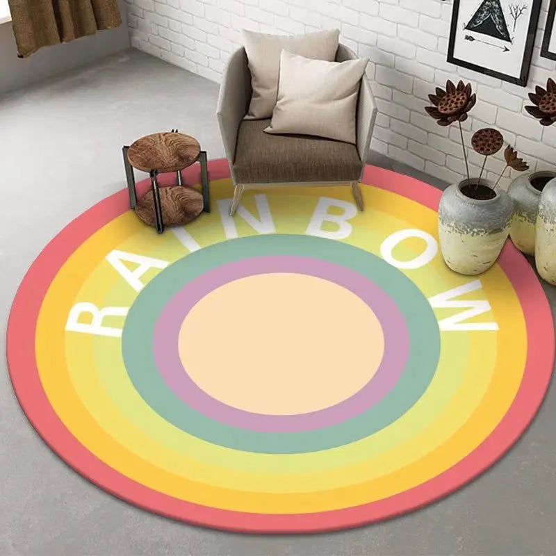 Tapis rond coloré avec impression arc-en-ciel et texte "Rainbow".
