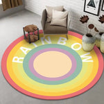 Tapis rond coloré avec impression arc-en-ciel et texte "Rainbow".