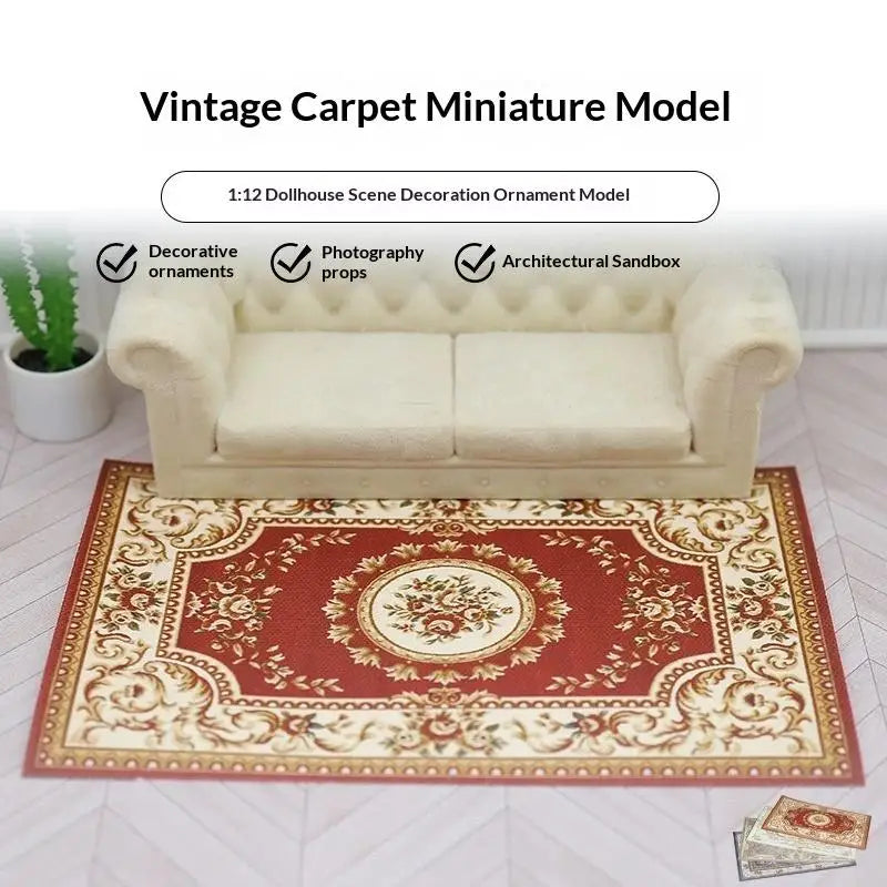 tapis miniature vintage floral rouge beige doré ornements adhésif décoration jouet poupée mobilier ancien