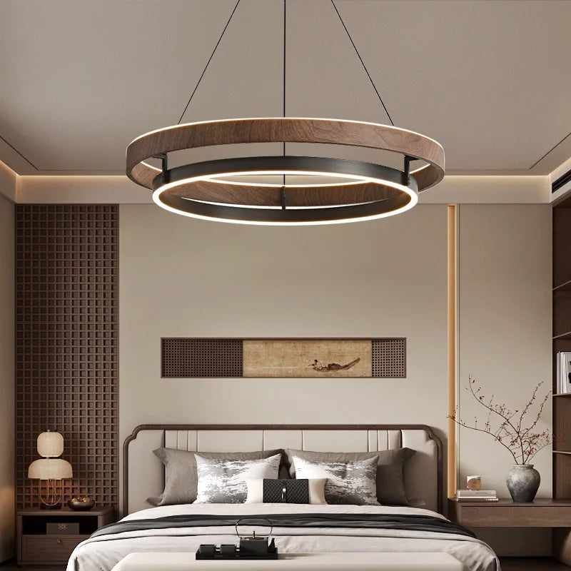 suspension lumineuse moderne bois foncé anneau concentrique éclairage led minimaliste