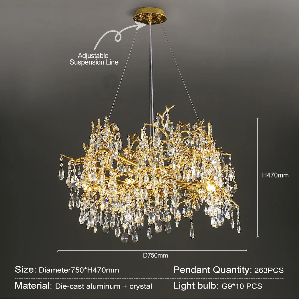 lampe suspendue or cristal moderne branches dorées pendeloques transparentes chambre salon