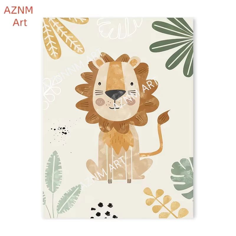 affiche toile animaux jungle lion zebre elephant decor chambre enfant cartoon beige vert