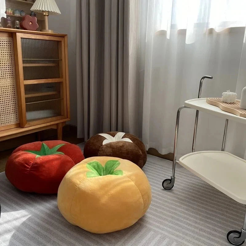 coussin décoratif forme champignon tomate tissu peluche anti décubitus lavable moderne rouges jaunes marrons