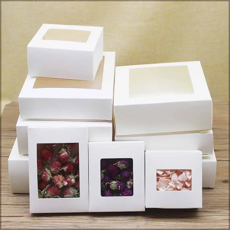 boîte cadeau blanche kraft fenêtre transparente bijoux fleurs séchées emballage mariage fête