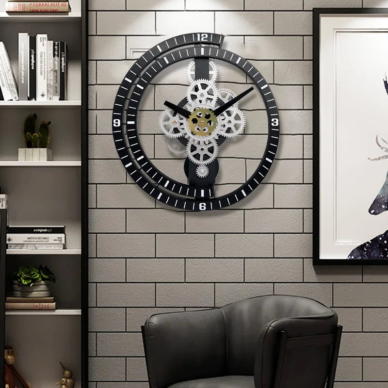 horloge murale décorative engrenages industriels noir blanc doré chiffres cercle métal transparent salon